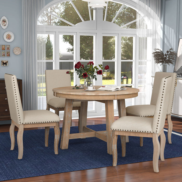 Round Extendable Dining Table Set With 4 Upholstered Chairs
