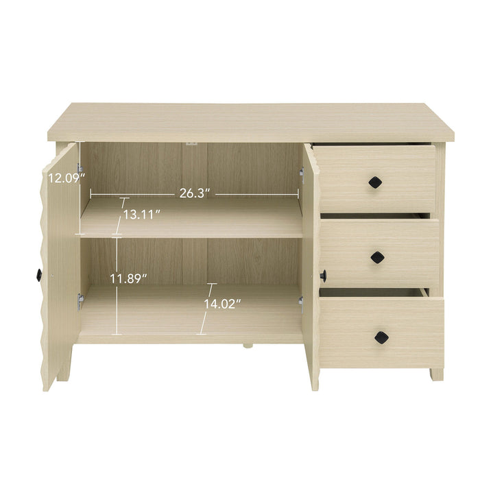 Modern 2 Door 3 Drawer Storage Cabinet, Buffet Cabinet With 2 Embossed Door For Living Room, Kitchen, Entryway - Natural