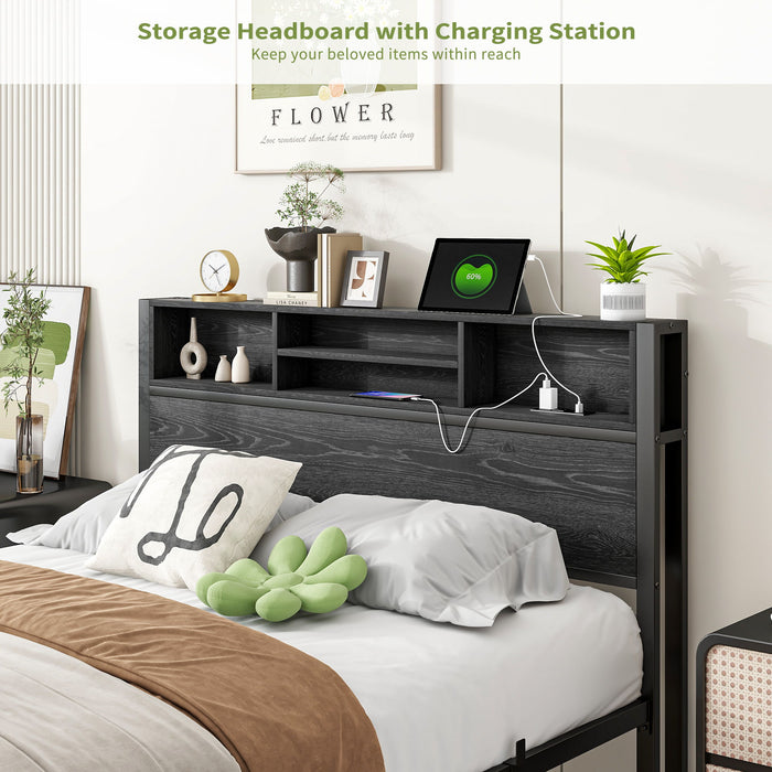 Modern Metal Platform Bed Frame With Storage Headboard And Charging Station