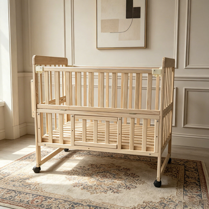 Portable Mini Baby Crib 5 In 1 Convertible With Foldable Storage - Natural Wood