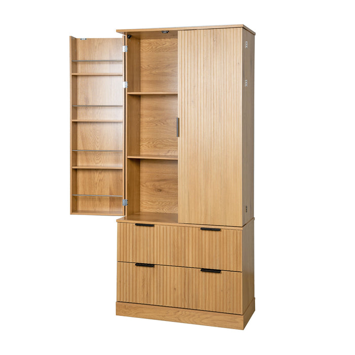 Fluted Kitchen Pantry Cabinet With 2 Large Drawers & 8 Door Spice Rack Freestanding Storage Organizer - Oak