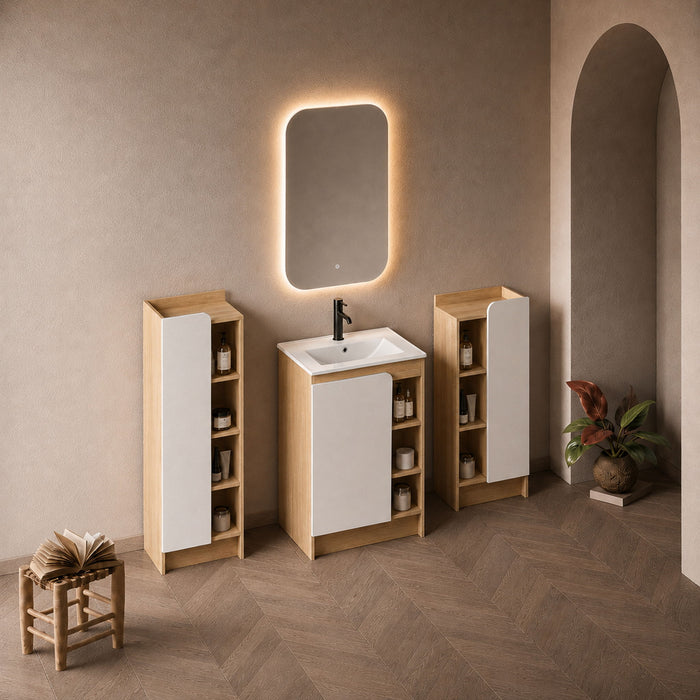 24" Bathroom Vanity With Sink & Tall And Low Side Cabinets, Vanity Set With Thin Edge Sink & Interchangeable Door Panels, 3 Piece Bathroom Storage Set - Black / Light Oak / White