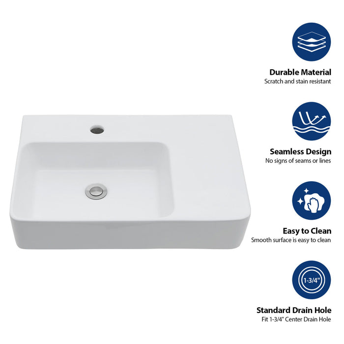 Wall Mounted Rectangular Bathroom Sink With Towel Bar And Faucet Hole - White