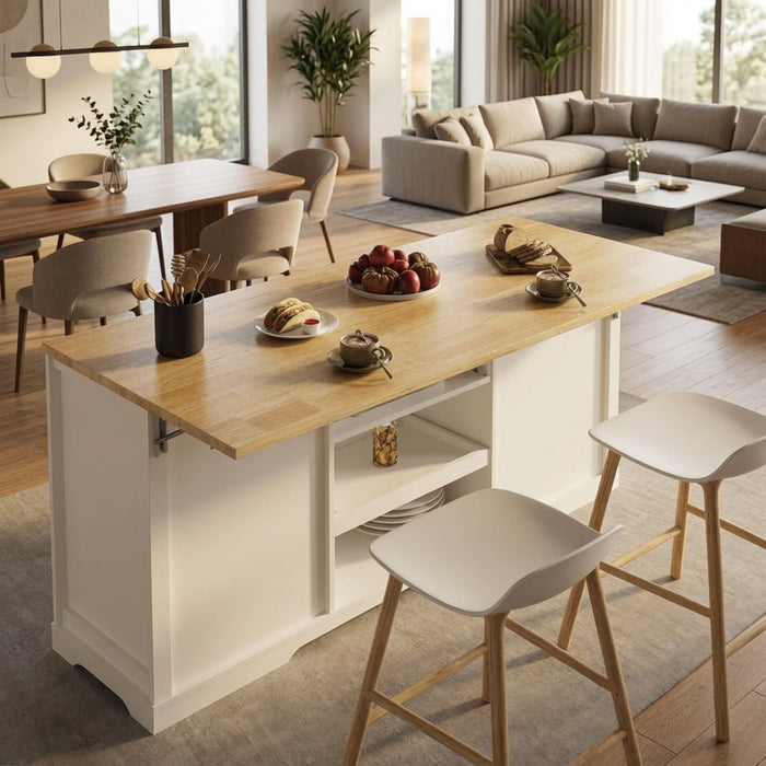 Drop Leaf Kitchen Island With Storage, Power Outlet & Pet Bowl Drawer - White / Light Oak