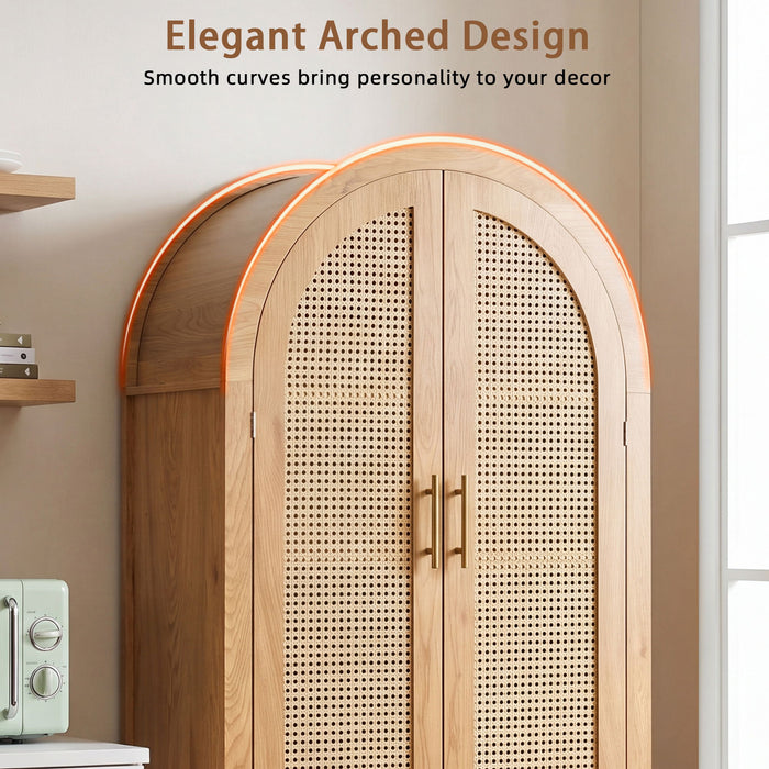 Tall Arched Cabinet With Rattan Doors & Adjustable Shelves
