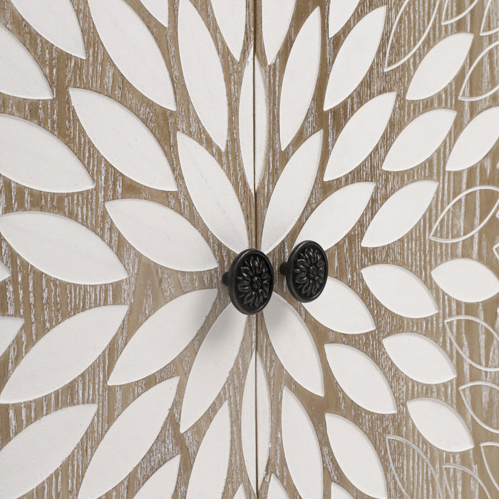 2 Door Carved Storage Cabinet With Adjustable Shelf, Accent Furniture