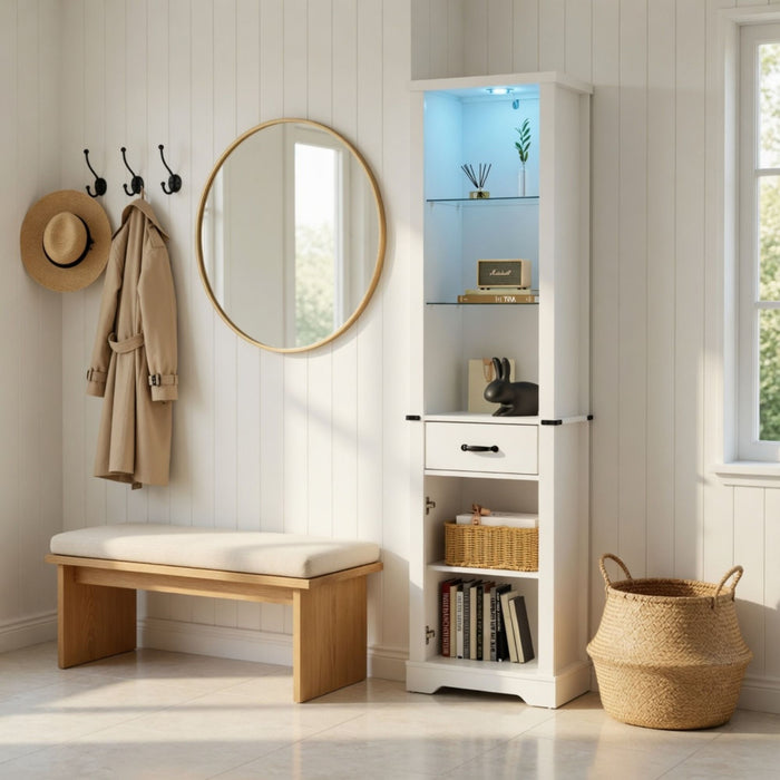 Pantry Cabinet With LED Lights And Barn Door With Tempered Glass Shelves - White