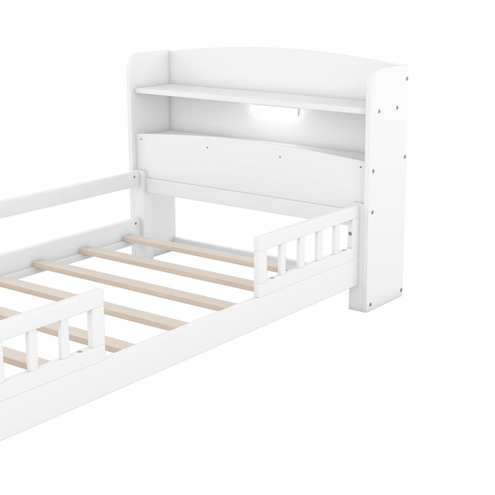 Wood Platform Bed With Built In LED Light, Storage Headboard And Guardrail