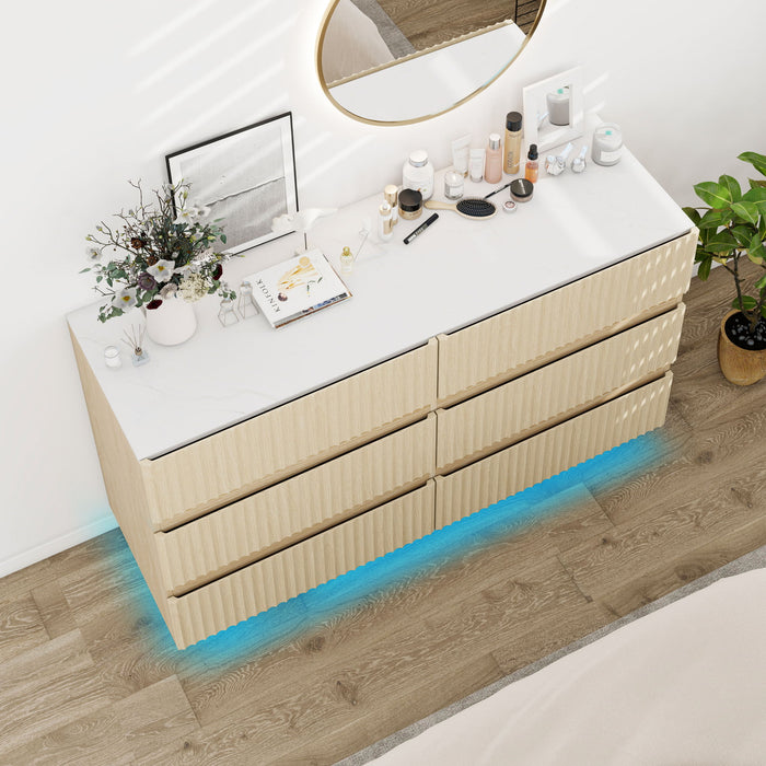 Fluted 6 Drawers Dresser, Double Dresser Chest Of Drawers, Modern Chest Of Drawers With LED, Drawer Organizer For Bedroom, Living Room, Hallway - Natural