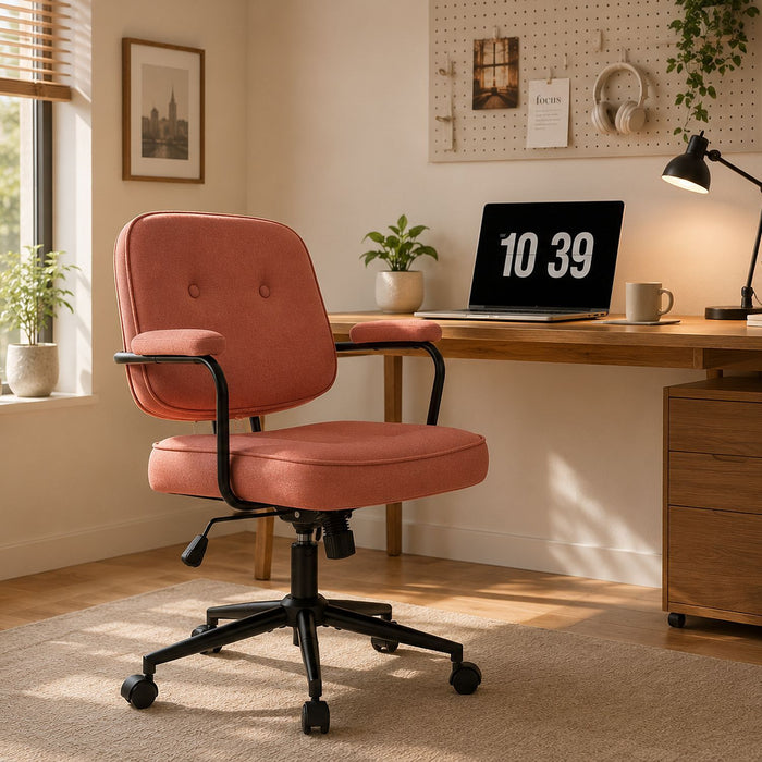 Button Mid Back Swivel Desk Chair With Curved Armrest - Pink