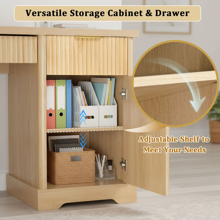 Modern Fluted Office Desk With Storage Cabinet