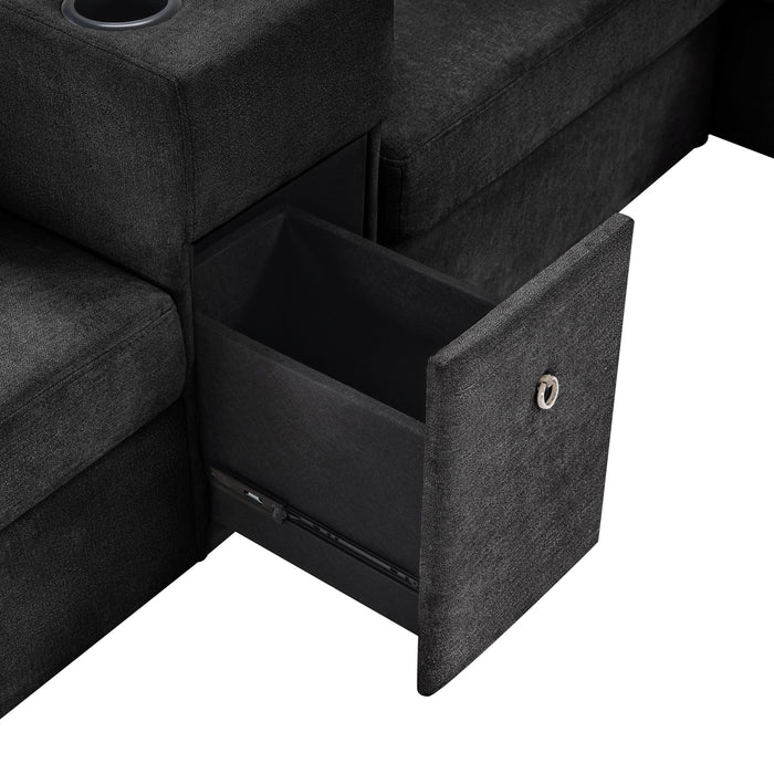 Modular 5 Seat U-Shape Sectional Sofa With Chaise Lounge, Built In Cup Holders And Storage Drawer