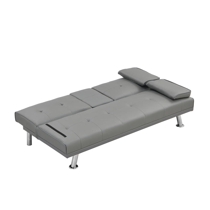 Sofa Bed With Armrest Two Holders Wood Frame, Stainless Leg Futon - Gray