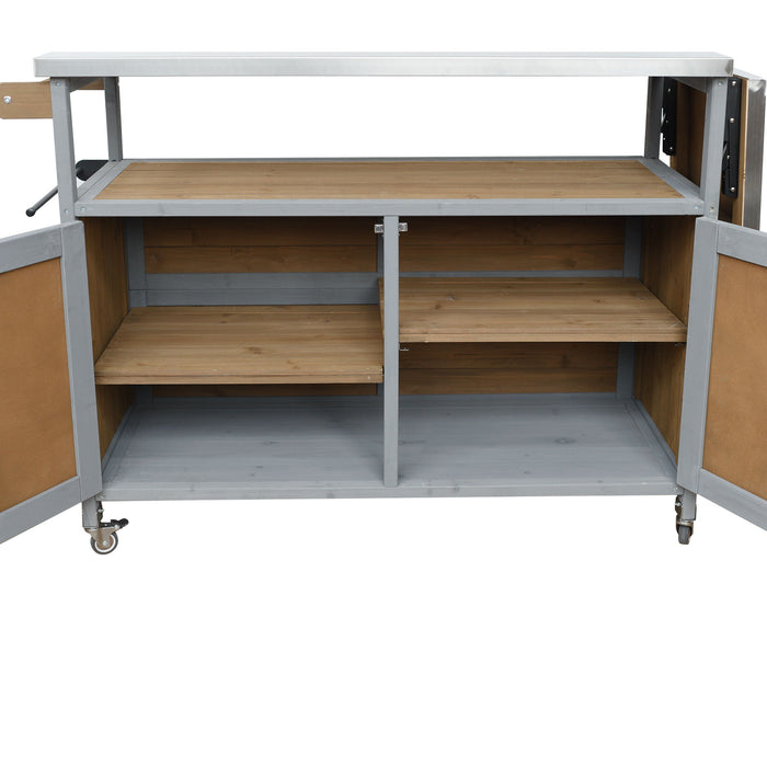 Foldable Outdoor Kitchen Island With Lockable Wheels, Storage Cabinet And Towel Rack For Patio