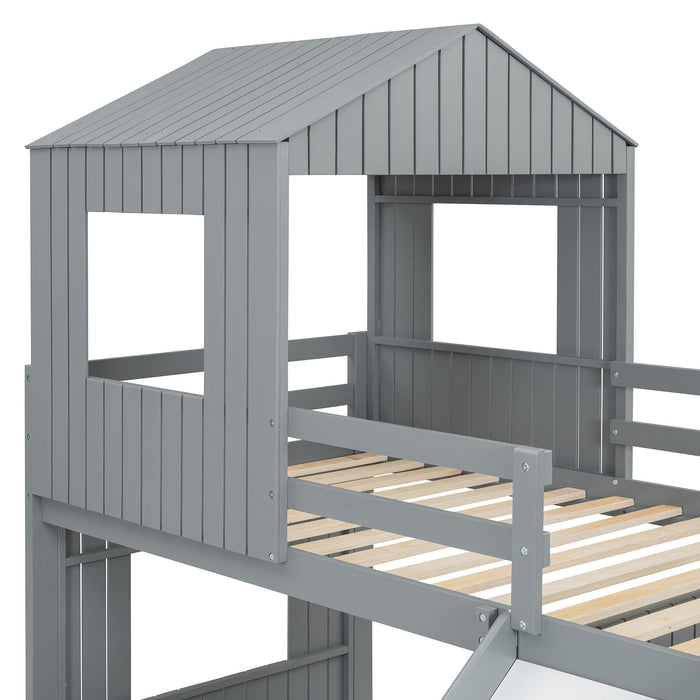 Loft Bunk Bed With Playhouse, Farmhouse, Ladder, Slide And Guardrails