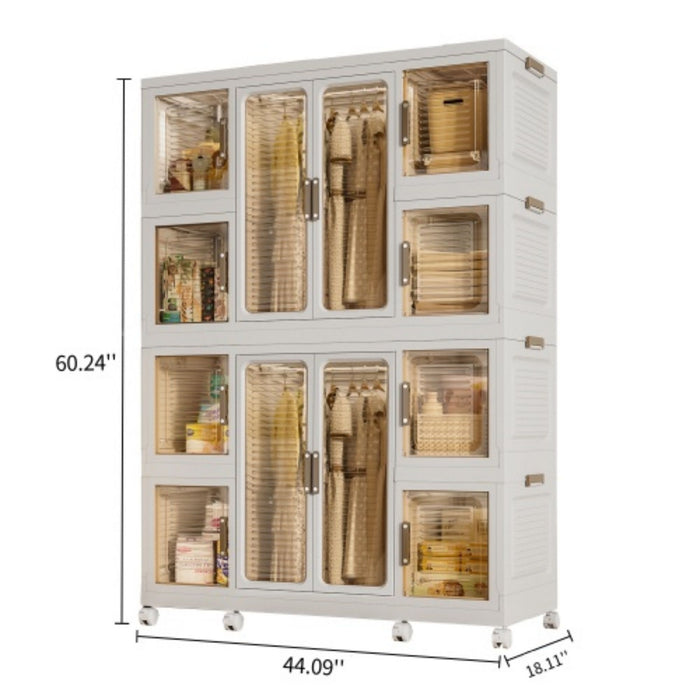 Portable Wardrobe Closet Storage Organizer For Clothes With Magnetic Doors, 12 Cubes & 2 Hanging Rods - White