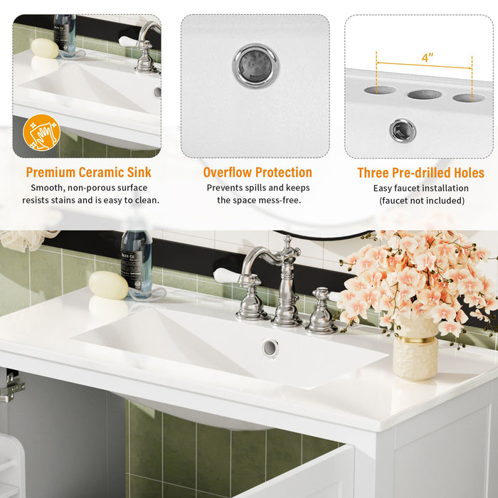 Bathroom Vanity With Sink, Soft Close Doors, Double Storage Shelves & Divided Drawer Ample Storage - White