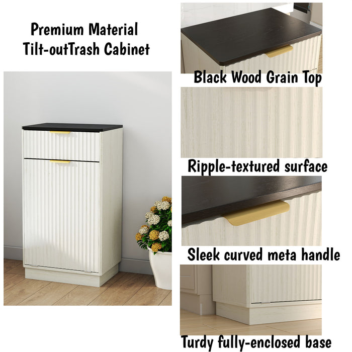 Tilt Out Trash Can Cabinet With Wave Textured Drawer & Pull Out Bin