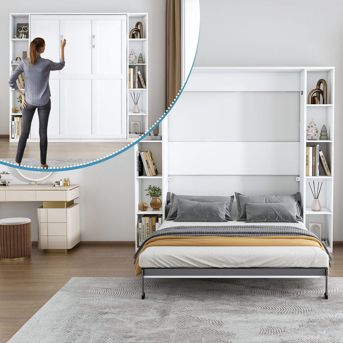 Queen Murphy Bed With Storage Cabinet, Foldable Wall Bed For Bedrooms - White