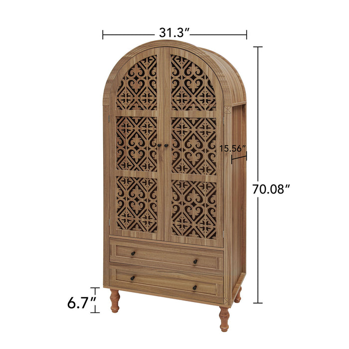 Tall Kitchen Pantry Cabinet With Hollow Carved Doors 2 Drawers And Adjustable Shelves Storage Display Cabinet For Kitchen Dining Room Or Living Room - Walnut