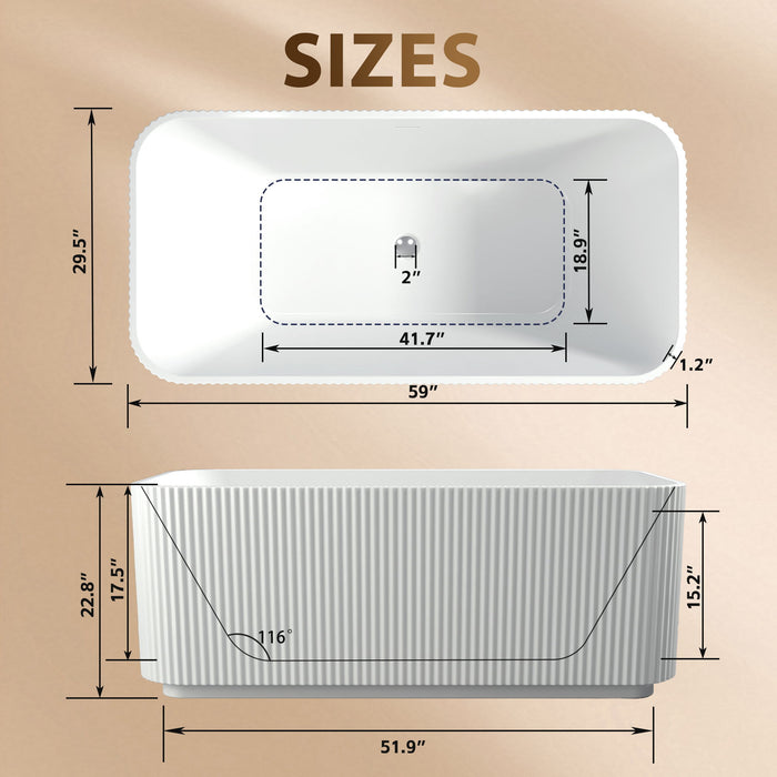 Rectangle Linear Freestanding Soaker Tub With Pop Up Drain, Double Wall Insulated Construction - Gloss White
