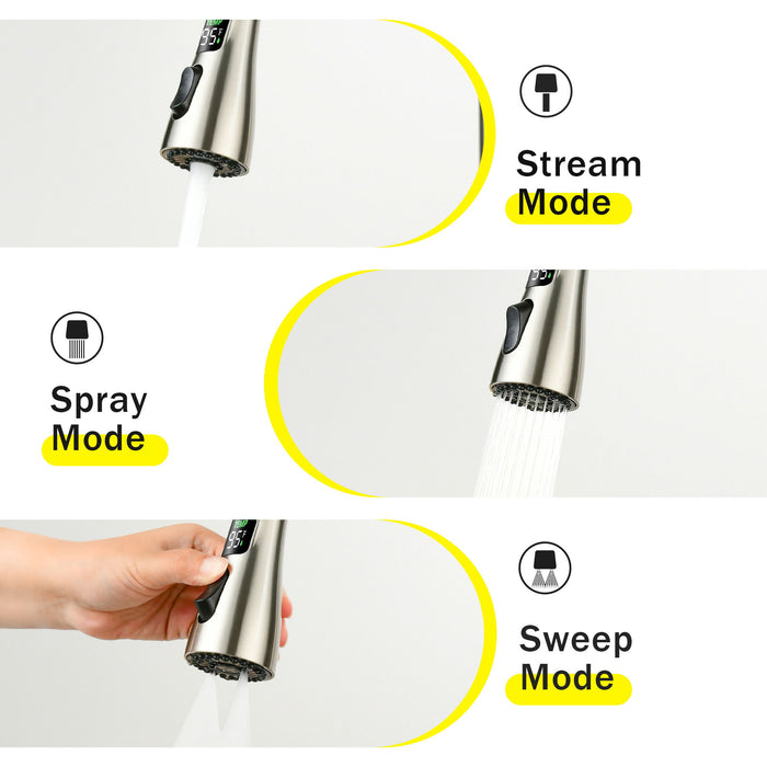 3 In 1 Kitchen Faucet With LED Temperature Display, Pull Down Sprayer