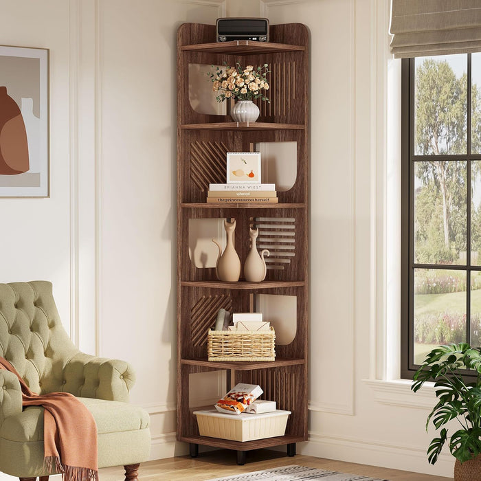 6 Tier Narrow Corner Bookshelf Storage For Living Room - Brown