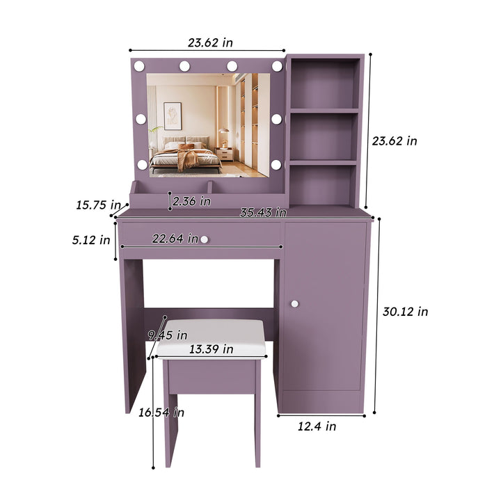 Vanity Desk Set With Padded Stool And Adjustable LED Mirror, 3 Color Light Modes - Purple