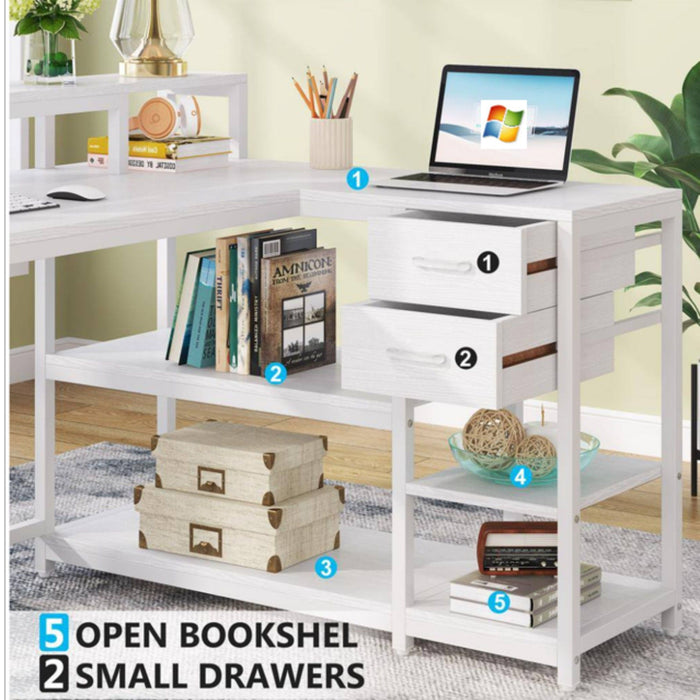 L-Shaped Home Office Desk With Monitor Riser, Drawers, And Storage Shelves