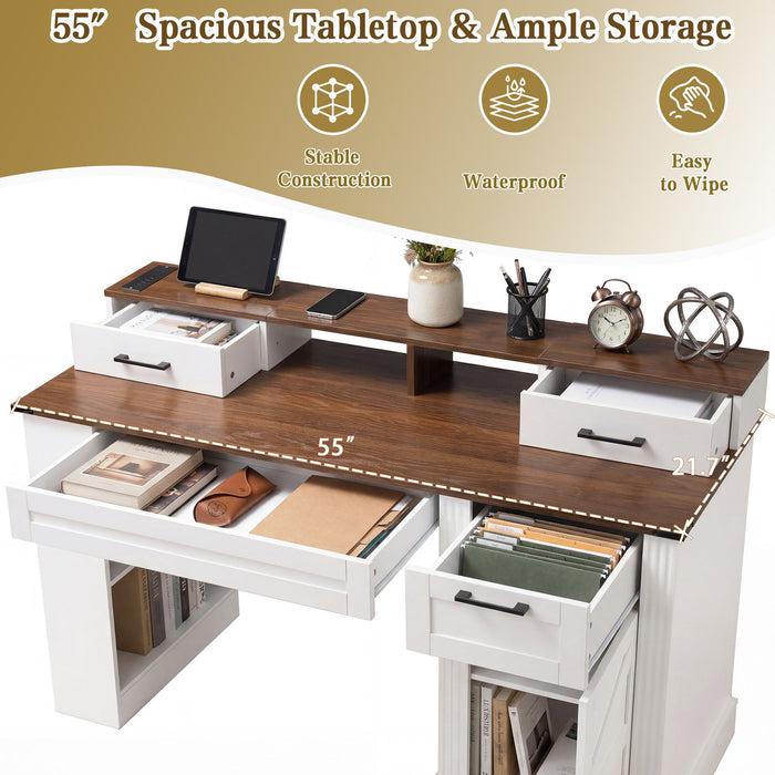 Office Desk With Storage Cabinet, Charging Station, Monitor Stand & Pegboard