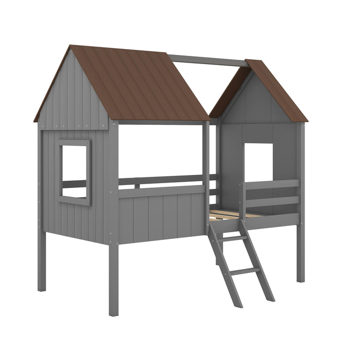 Twin Size Low Loft House Bed With Two Side Windows - Gray / Brown