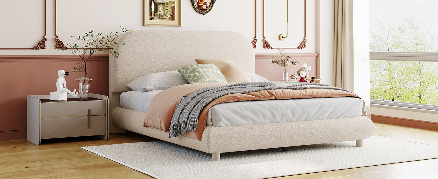 Upholstered Platform Bed With Thick Solid Frame And Stylish Curve-Shaped Design
