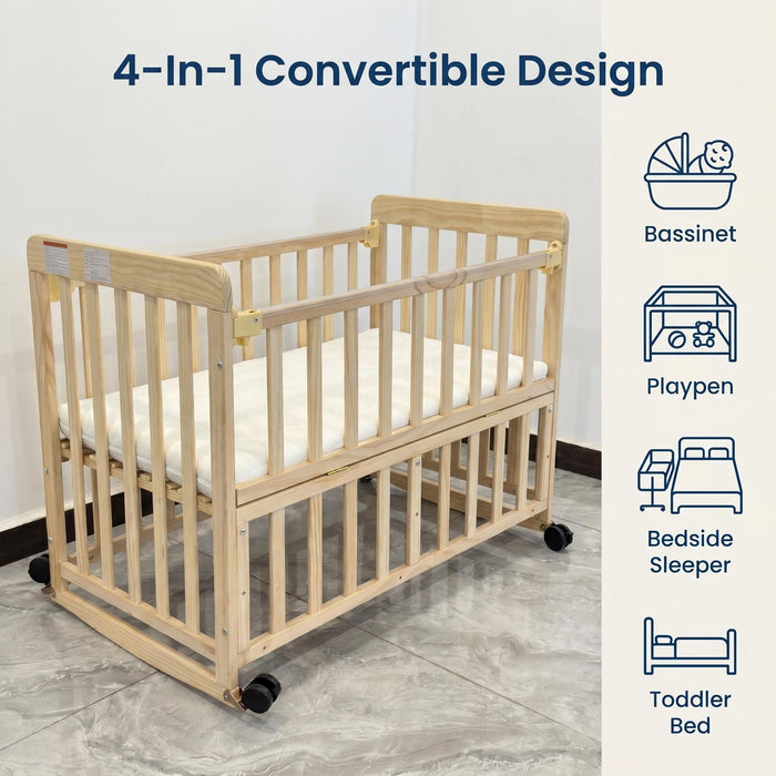Portable Bedside Bassinet With 3 Adjustable Heights, Mini Crib For Newborns - Natural Wood