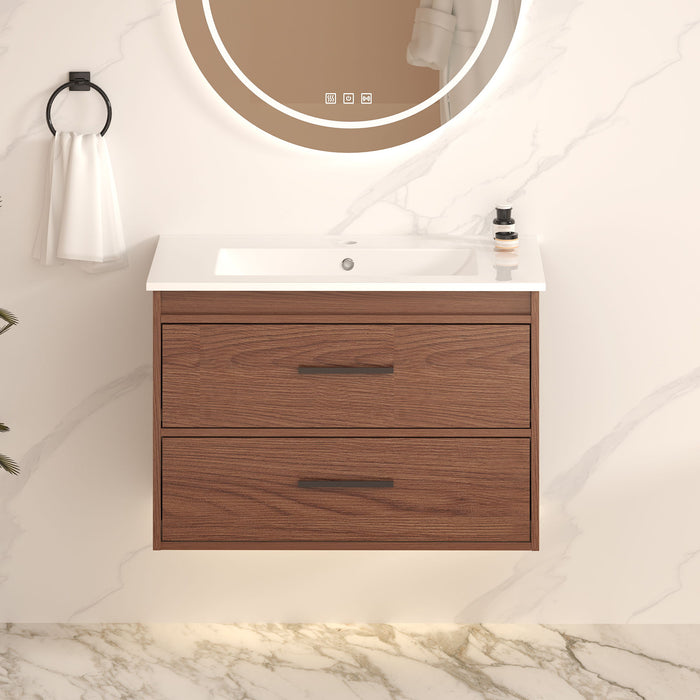 Wall Mounting Bathroom Vanity With Soft Close 2 Drawer, Sink - Reddish Brown