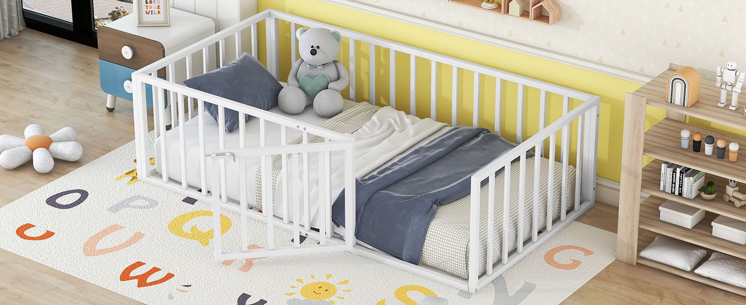 Metal Floor Bed Frame With Fence And Door