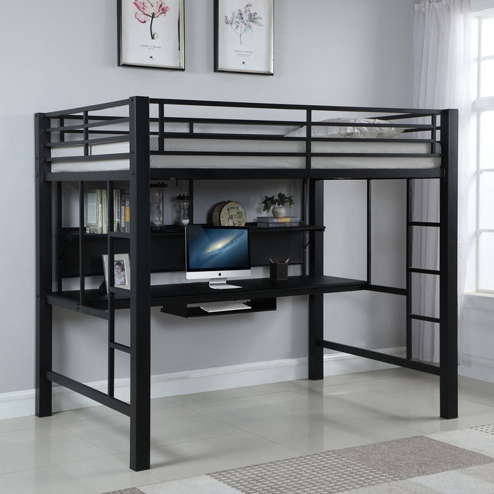 Ranier - Full Workstation Loft Bed, Full Length Desk, Safety Rails And Storage Shelves - Black