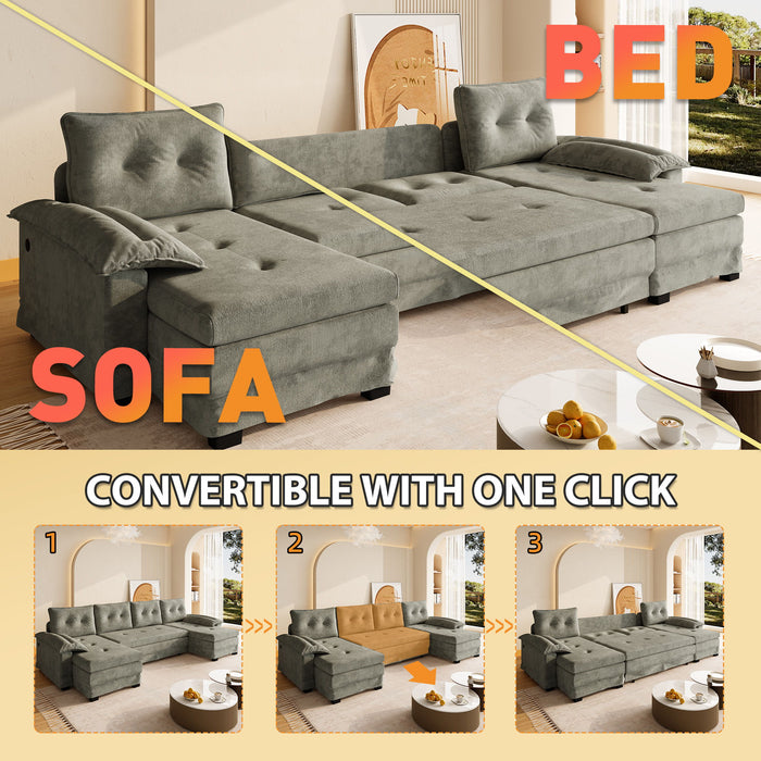 U-Shaped Sleeper Sofa With Pull Out Bed, Removable Armrests & USB Ports For Living Room
