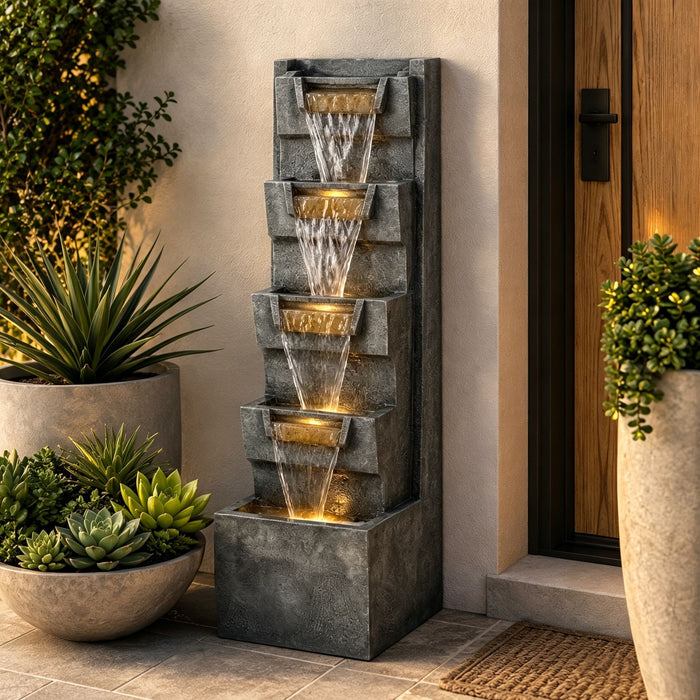 4 Tier Cascading Waterfall Fountain With Warm LED Lights, For Patio - Gray