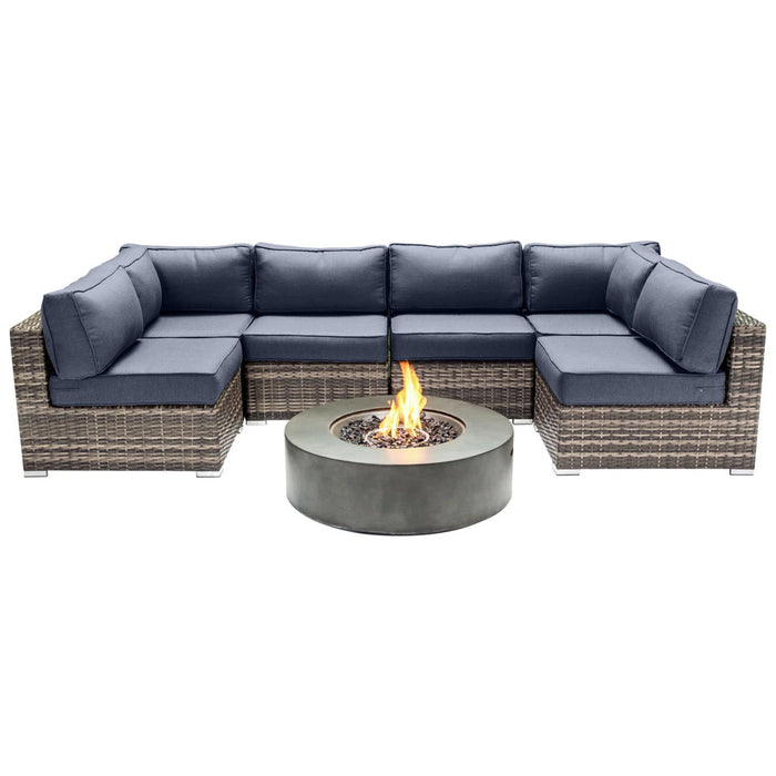Outdoor 7 Piece Sectional Seating Group With Cushions And Fire Pit - Gray / Navy