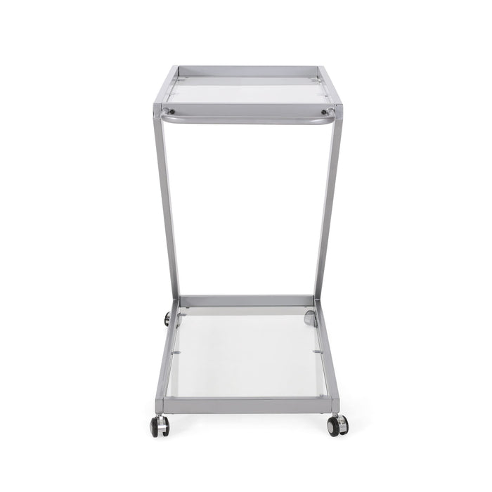 Modern Z Shaped Bar Cart With Tempered Glass Shelves - Silver