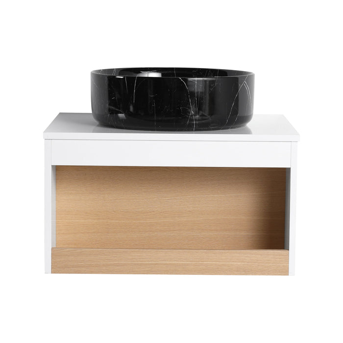 Floating Bathroom Vanity With Vessel Sink With Open Shelf Storage