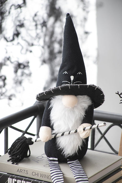 Sitting Gnome With Broomstick & Long Legs, For Halloween Decor - Black White
