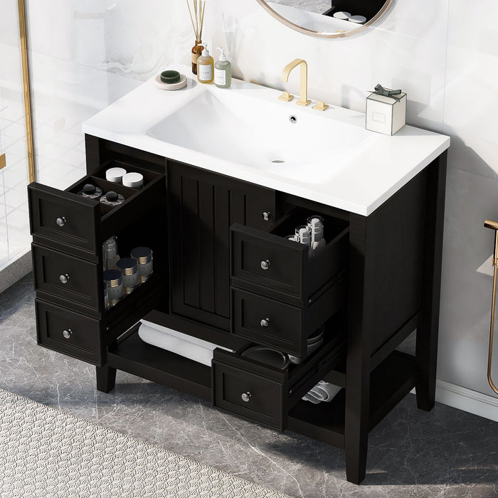 36" Bathroom Vanity & Sink, 2 Cabinet And 3 Drawers - Black