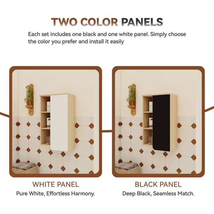 Wall Mounted Bathroom Side Cabinet, Single Door With 3 Tier Open Shelves - Black / Light Oak / White