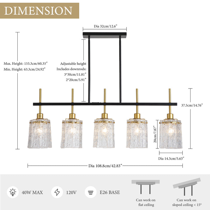 Chandelier 5 Light, Fixture Over Table - Black / Gold