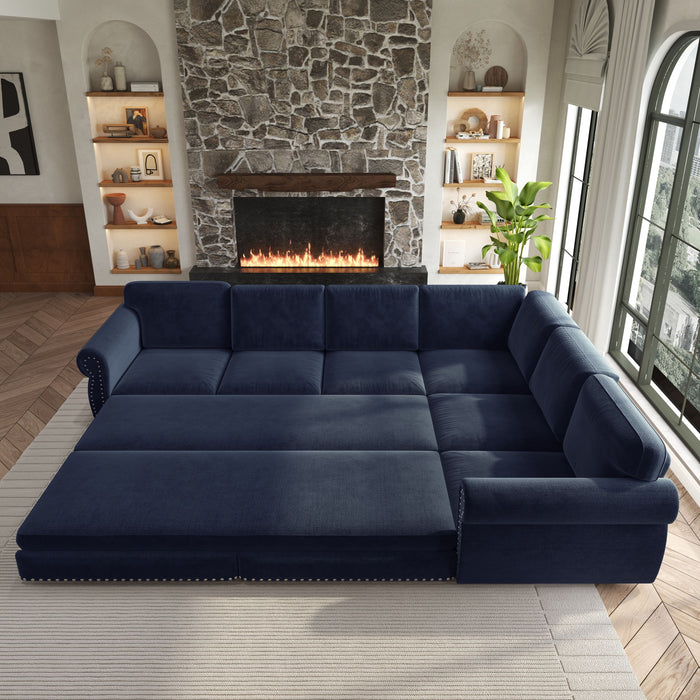 L-Shaped Sofa Couch With Pull Out Bed With Nailhead Trim & Rolled Arm