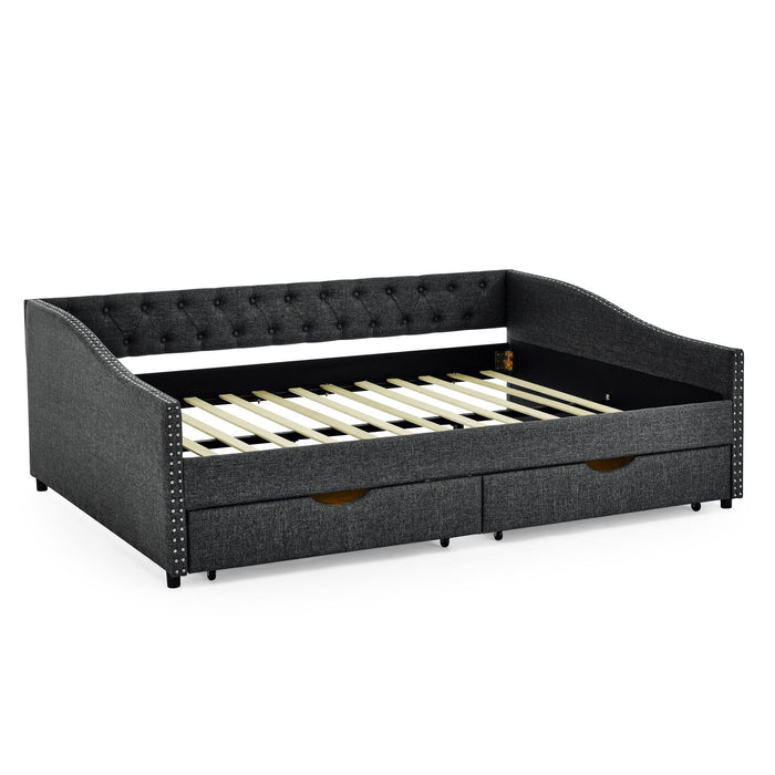 Upholstered Tufted Daybed With 2 Drawers, Waved Arms