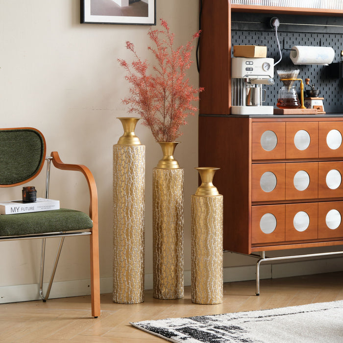 Metal Decorative Vases High Distress Metal Center Vases With Growing Vine Patterns, (Set of 3) Vases For Home Decoration - Gold