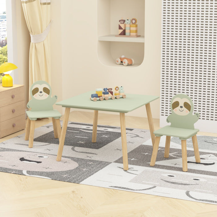 Sloth Themed Table And Chair Set With 2 Cute Animal Chairs - Natural Wood / Sage Green