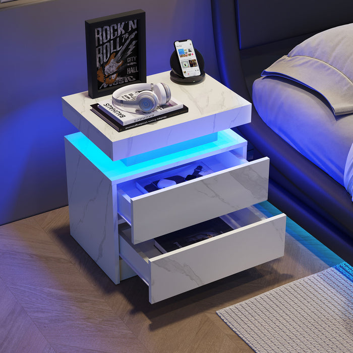 Nightstand LED, Bedside Table Cabinet With 2 Drawers For Bedroom